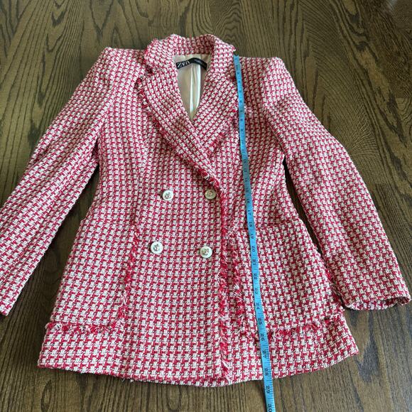 Zara Womens Tailored Double Breasted Red White Tweed Blazer Jacket Size Small - Picture 10 of 11